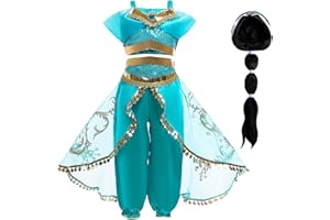 Emin Fille Costume de Princesse Jasmine avec Perruque Déguisement de Princesse Aladdin Costume Noël Anniversaire Fête Noël Halloween Carnaval Cosplay Enfants Vêtements