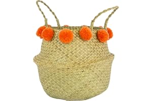 Vaukura - Cesta de Almacenaje - Cesta de Junco Trenzado Natural con Pompones Naranjas