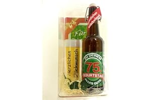 SünGross Geschenk Set, Bierset Bier Geschenk zum 75. Geburtstag das bei Frau und Mann Immer gut ankommt, Bierflasche mit Etikett, Glas Bierkrug und Geschenk Postkarte