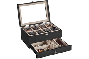 SONGMICS Watch Box with 8 Slots, 2-Tier Wood Watch Case with Large Glass Lid, Watch Pillows, Velvet Lining, Jewellery Box, Gift for Loved Ones, Ebony Black JOW008B01
