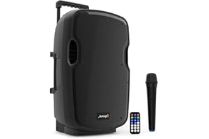 Audibax | Denver Combo Port 10" głośnik VHF - głośnik Bluetooth z USB/SD - system wózka - bateria + kabel AC 12 V - ekran LCD - bezprzewodowy mikrofon - czarny - 385 x 325 x 565 mm