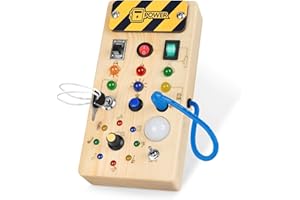 Konijiwa Montessori Busy Board 1 an Enfants Activity Board Jouets en Bois avec 8 interrupteurs Lumineux LED Jouets Sensory Learning Toys Convient pour Les bébés de 1 2 3 4 Ans