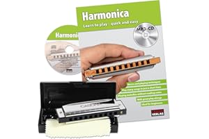 Cascha harmonica learner's set for beginners - English textbook - 10-hole diatonic harmonica in C-tuning - incl. MP3-CD learning book hard-case cleaning cloth - blues harp school English
