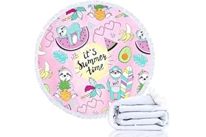 Queenshin Grande Taille Paresseux Pastèque Rose Serviettes de Plage Rondes Anti-Sable, Avocat Fruits Couverture de Voyage Couverture Pique Nique, 150 cm