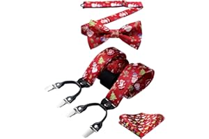 HISDERN Mens Christmas Braces for Trousers with Strong Clips Heavy Duty Suspenders with Bow Tie and Pocket Square Set Adjustable Y-Back Xmas Suspender