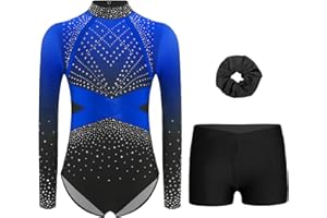Miutii Mädchen Turnanzug Glitzer Gymnastikanzug Langarm Ballettanzug mit kurze Hose Haarband Gymnastik Leotard Eislaufen Tanzkostüm