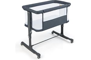 COSTWAY 3 in 1 Culla Neonato Fianco Letto, Lettino Neonato Dondolo con Materasso, Culla Co-Sleeping Fino a 9 kg, Altezza Regolabili, Inclinazione di 10°, 84 x 59,5 x 80,5cm (Grigio Scuro)