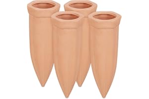 Relaxdays watering spikes, 4x clay plant waterers, self-watering system, use with 1.5 l bottles, 5.5x5x15cm, terracotta