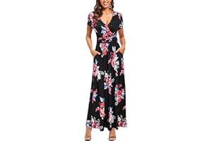 OUGES Women's Summer Spring Maxi Dress V Neck Short/Long Sleeve Ladies Casual Long Wrap Dress with Pockets