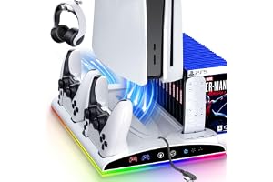 Garlo PS5 Stand Cooling Station Controller Charging Station PS5 Accessories | PlayStation 5 Cooling Stand Fan for PS5/Slim/Pro Console Disc/Digital Controller Charger, RGB, USB, Headset Holder, Game Slot