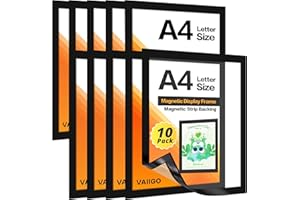 VAIIGO A4 Magnetic Sign Holder for Fridge, 10Pack Magnetic Display Frame for Fridge Whiteboards and Metal Surfaces, Picture Frame, Document Paper Holder, Black