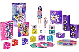 Barbie Duży zestaw Color Reveal Impreza Przyjęcie zawiera ponad 50 niespodzianek: 1 lalka Barbie, 1 lalka Chelsea, 2 figurki zwierzątek, 6 zmian koloru, akcesoria i nie tylko, dzieci od 3 lat, GXJ88