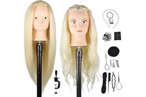 DaizySight Cabeza de Maniquí de Peluquería con Pelo Natural 50%, Cabeza de Maniquí de Cabello Humano Cosmetología Marrón Oscuro con Abrazadera y Herramientas de Peinado, Rubio, 60cm