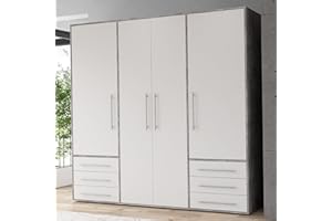 ‎FORTE Forte Jupiter Kleiderschrank 205, Großer Schrank mit 4 Türen und 6 Schubladen, Holzwerkstoff, Weiß/Betonoptik Lichtgrau, 205,9 cm breit, 200 cm hoch, 53 cm tief