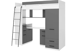 FurnitureByJDM High Sleeper Bed with Desk and Wardrobe – Space Saving Loft Bed for Kids (110x204 cm) Mattress Size 80x200 cm – Left Side Ladder – SMYK (White/Graphite)