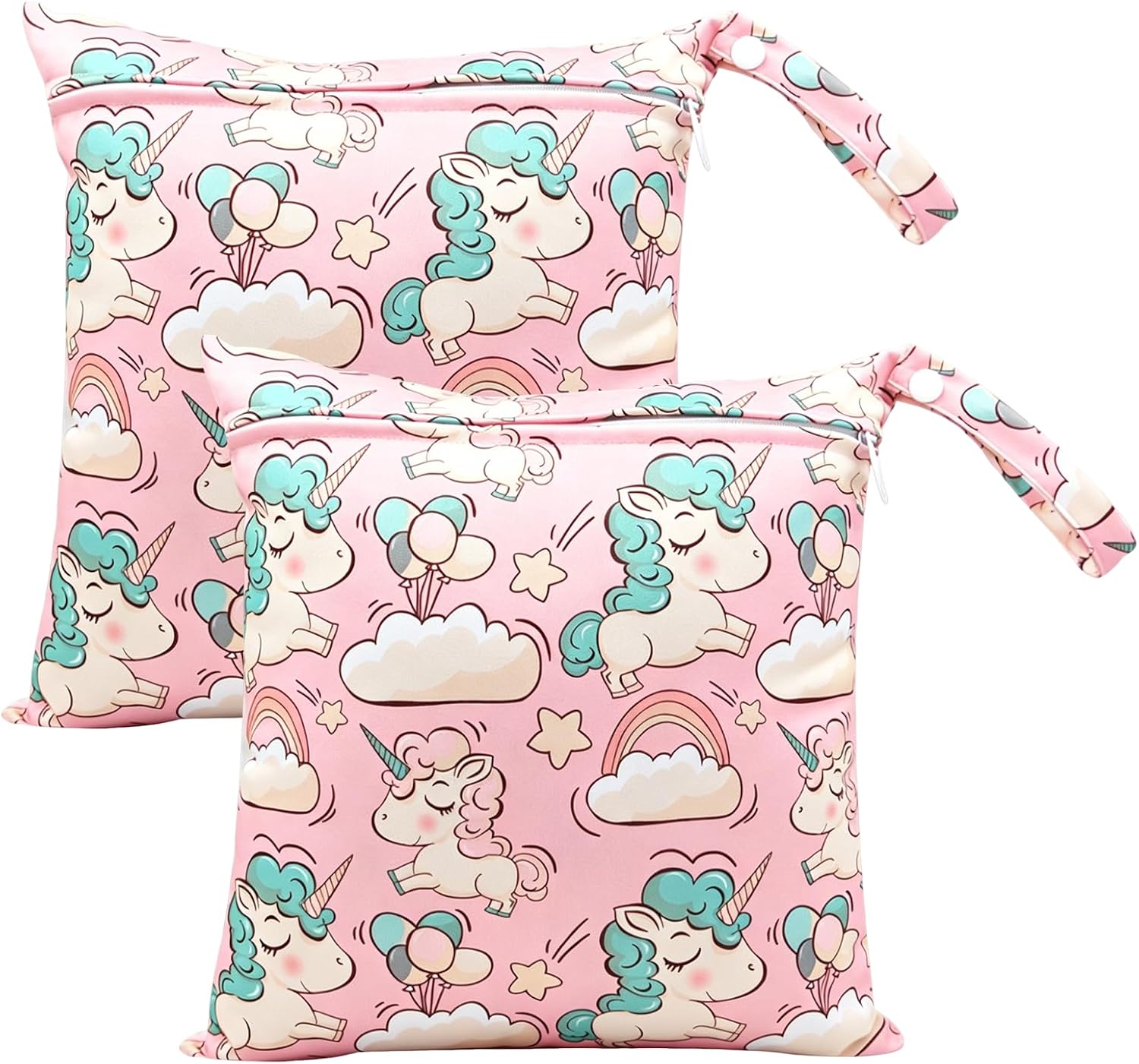Cosiesnest 2 Packs Cartoon Print Wet Dry Bags | Waterproof Reusable Nappy & Swim Bag | Travel Laundry Bag,Single Zipper Pouch for Swimming, Beach, Nursery & Travel (12x11 inch) (B-Rainbow Horse)