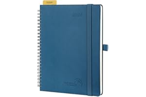 POPRUN Agenda 2024 Semana Vista Vertical Espiral 22 x 16,5 cm - Planificador Semanal A5 con Regla Posicionable, Tapa Blanda en Cuero Vegano y 100 gsm Papel Certificado FSC®, Azul Cielo Nocturno