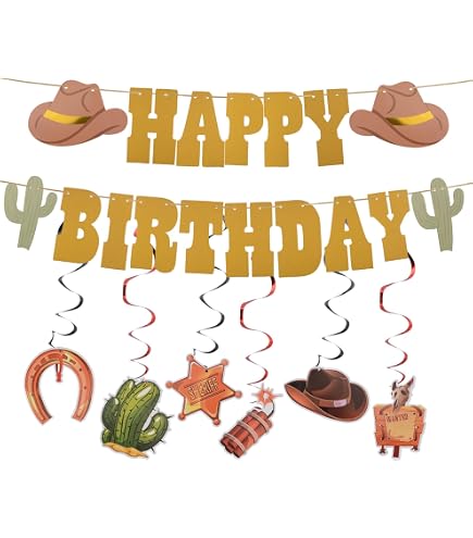 Striscione Per Compleanno Cowboy – 2 Pezzi Con Scritta Happy Birthday E Spirali, Decoro Per Feste A Tema Selvaggio West, Per Bambini E Ragazzi
