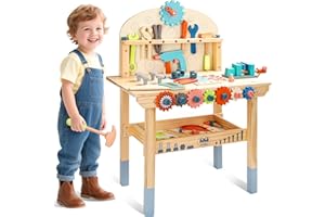 MEDOGA Tool Bench for Kids Toy Play Workbench Wooden Tool Bench Workshop Workbench with Tools Set Wooden Construction Bench Toy for 3 4 5 Year Old Boys and Girls