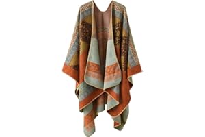 Sisifa Damen Boho Pullover Poncho Schal Wrap Cape Mantel Winter Herbst Vintage Print Stricken vorne offene Strickjacke Decke