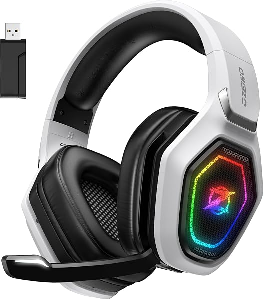 Ozeino Cascos Gaming Inalámbricos para PC/Ps5/Ps4, Auriculares Gaming Inalámbricos de 2,4GHz Wireless+Bluetooth, Baja Latencia Calidad de Sonido sin Pérdidas, Duración 30Hr+ Blanco - 1
