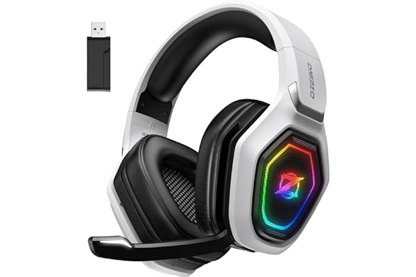 Ozeino Cascos Gaming Inalámbricos para PC/Ps5/Ps4, Auriculares Gaming Inalámbricos de 2,4GHz Wireless+Bluetooth, Baja Latencia Calidad de Sonido sin Pérdidas, Duración 30Hr+ Blanco