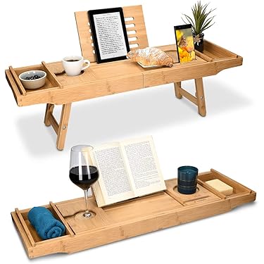 Verstelbare badkuipplank, badkuiprek (75-110 cm), zwart bamboe badrek, bamboe badplank voor badkuip