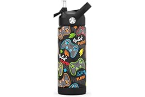 Ntswasd Trinkflasche Edelstahl Strohhalm-Thermosflasche 550ml-BPA Frei-Auslaufsicher-Thermo Wasserflasche für Schule,Sport,Kinder,Fitness(Spiel)