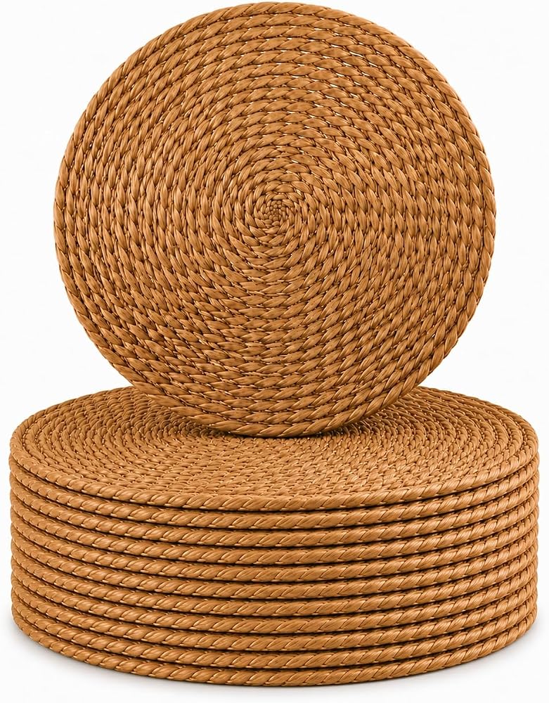 SOGUD Hasır Supla12’li Set - 32 cm Yuvarlak Amerikan Servis - Doğal Hasır Görünümlü El Örgüsü Supla Takımı - Runner ve Masa Dekorasyonu İçin Dayanıklı Şık Servis Altlığı - Kahverengi