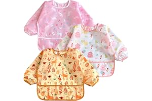PandaEar 3 Pack Baby Weaning Bibs with Sleeves for Girls| Waterproof Toddler Bibs Long Sleeve Bibs 6-12-24 Months| Baby Feeding Aprons for Eating| Mess Proof Full Bib with Sleeves