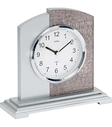 AMS 5130 Orologio Da Tavolo In Metallo Con Vetro Minerale - Ricevente Radiofrequenza (DCF77), Display Analogico, Numeri Arabi, 18x12x8 Cm