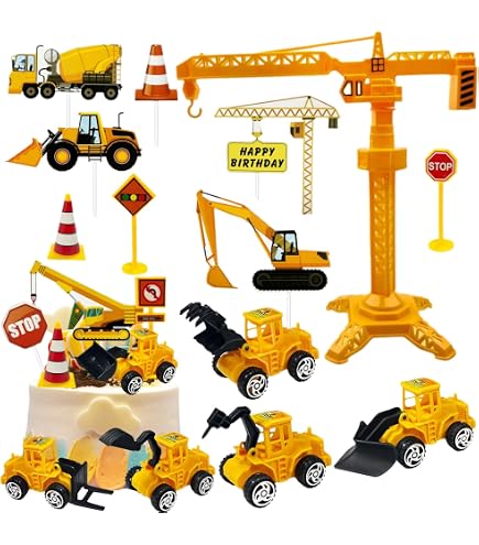 Lot 10 Mini Pelleteuses Chantier – Décoration Gâteau, Jouets Engins De Construction, Panneaux Signalisation – Cadeau Anniversaire Enfant