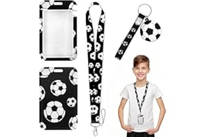 SWIRLCOLOR Smycz z uchwytem na karty, miękka piłka nożna wzór czarna smycz wygodne uchwyty na dowód osobisty do szkoły autobusowej statku wycieczkowego, z czarnym brelokiem piłkarskim