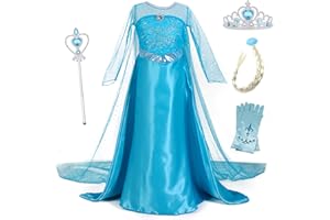 YOSICIL Vestido de Princesa Elsa Vestido Frozen Niñas Disfraz Traje de Cumpleaños ninas Fancy Dress nina Disfraz Elsa Princesa Cosplay con Accesorios traje de arrastre 3-10Años 110-150cm, Azul 110