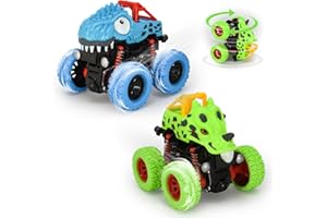 VoMii Monster Truck 2 Stück, Dinosaurier Spielzeugauto für Kinder ab 3-10 Jahre, 360° Stunt-Rotation, Große Gummiräder 4x4 Power Trägheitsbetriebene Fahrzeuge, Rennwagen Spielsets für Kinder
