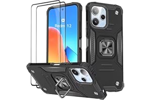 KANSi Case for Xiaomi Redmi 12 / Redmi 12 5G, Protective Film [Pack of 2] Silicone TPU Hard PC Mobile Phone Cases 360 Degree Rotating Ring Holder Bumper Shock Absorption Protective Case - Black