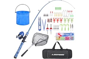 LEOFISHING Ensemble de canne à pêche pour enfants avec kit de démarrage complet canne à pêche télescopique portable et moulinet Spincast avec un filet de pêche et un seau pour garçons, filles et