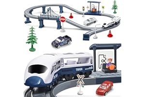 BEGINREALLY Juguete de ferrocarril eléctrico para niños, tren magnético y andén con efecto de luz de sonido realista, 65 piezas de accesorios para niños, regalo para 3, 4, 5+ años, niños, niñas, azul