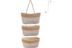 ililmmoe Über der Tür hängender Korb zum Organisieren 3-Tier gewebter Baumwollseil Wandhalterung Aufbewahrungskorb Dekorative Küche hängender Organizer Badezimmer enthalten 1 Haken Flachs Streifen