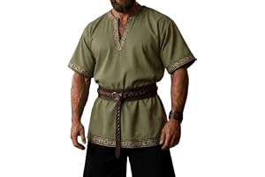 Runcati Herrar medeltida tunika kortärmad | Vikingarkostym, V-hals, riddarskjorta, gyllene dekorationskant, cosplay