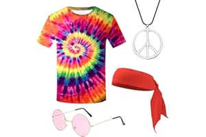 SAIIURV 4 Pcs Hippie Costumes Hippie T-Shirt, Hippie Sunglasses Peace Necklace Headband, Mens & Womens Pop Hippie 70s Disco, Hippie Costume Set for Retro Theme Party Cosplay Dress Up (Multicolor)