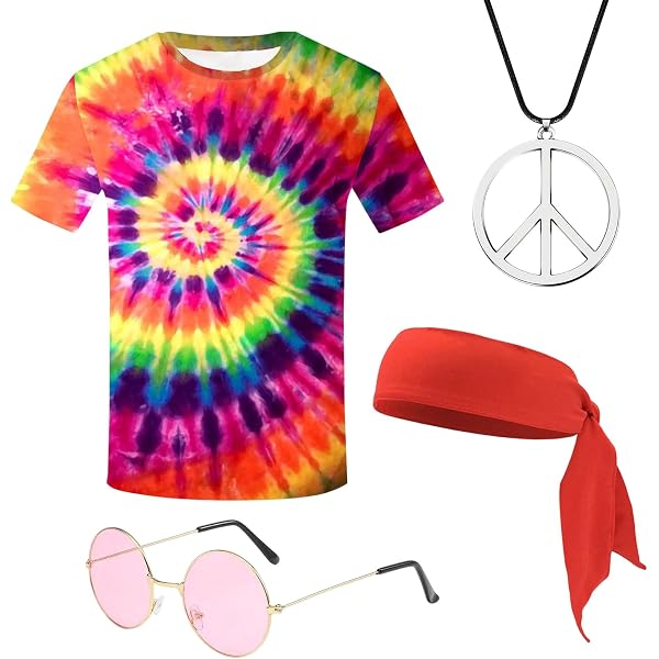 Déguisement Hippie Années 70 – Lot Complet Homme/femme – T-shirt Tie-dye, Perruque 60-65 Cm, Lunettes, Bandeau, Collier – Carnaval, Halloween