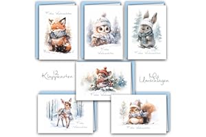 E&G KLASSE Zestaw 12 kartek bożonarodzeniowych, składane kartki z kopertami A6, koperta, błyszczące, Wesołych Świąt Bożego Narodzenia, Merry Christmas Xmas, akwarela, zwierzęta leśne, sarna, lis, zając, sowa,
