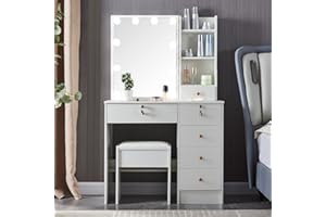 SAIHEMEI Girls Dressing Table with Lighted Mirror and Stool, Vanity Makeup Table with 6 Drawers and Shelves, 3 Lighting Modes Mirror Desk Set for Bedroom