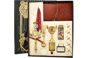 Hethrone Quill Pen and Ink Set - Calligraphy Pens for Writing Feather Pen with Black Ink 5 Replaceable Nibs Wax Stamp Notebook Gift Set (Red)