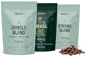 Incapto Pack de Introducción al Café en Grano de Especialidad | Jungle Blend, Café de Brasil y Strong Blend | Nivel de Tueste Alto y Aroma Intenso | 3 paquetes de 500g
