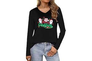Wayleb T-Shirts de Noël pour Femme Manches Longues Col Rond Haut Tunique Tops Coton avec Motif de Noël S-3XL