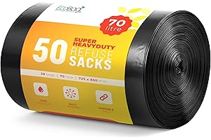 EcoBag - 50 Pack Super Strong Heavy Duty Refuse Sacks - Recyclable Bags, Leak Resistant, Durable Waste Disposal Bags For Wheelie Bins, Large Household Bins, Garden&Bulky Waste, 35 Micron (Μm)/70l
