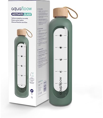 Wessper Bouteille d'eau en Verre 1L, Gourde Reutilisable, en Borosilicate, Avec Marqueur de Temps de Motivation, Couvercle en bambou, En silicone, pour Enfant et Adultes, Sport, Camping – Graphite