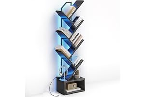 ‎COLESHOME Coleshome Bücherregal im Baumform, Standregal mit 6 Ebenen, Bücherregal Holz mit Lichtband, Geeignet für Wohnzimmer und Schlafzimmer，Schwarz